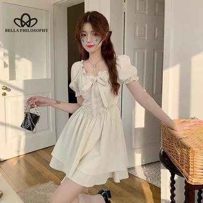 French Style Bow Square Collar Dress Women's Summer New Puff Sleeve Tight Waist Short Dress