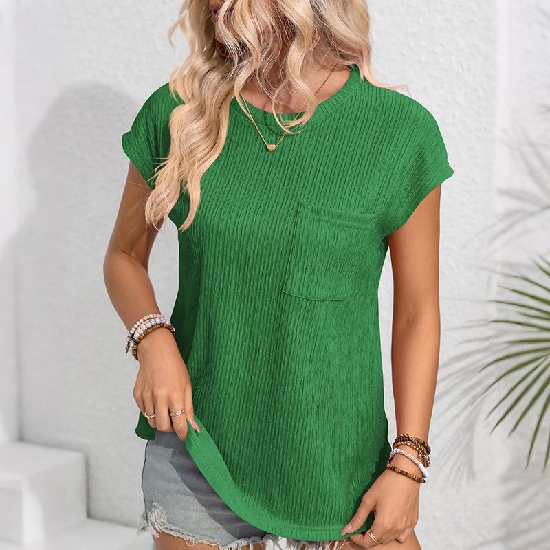 Ladies Summer Short Sleeve O Neck Solid Color Single Pocket Breathable Pullover T Shirt Top