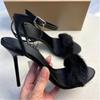 Sexy Black Fur Sandals Women Fluffy High Heels Stiletto Ankle Strap Open Toe Summer Party Shoes Ladies Nightclub Dress Pumps
