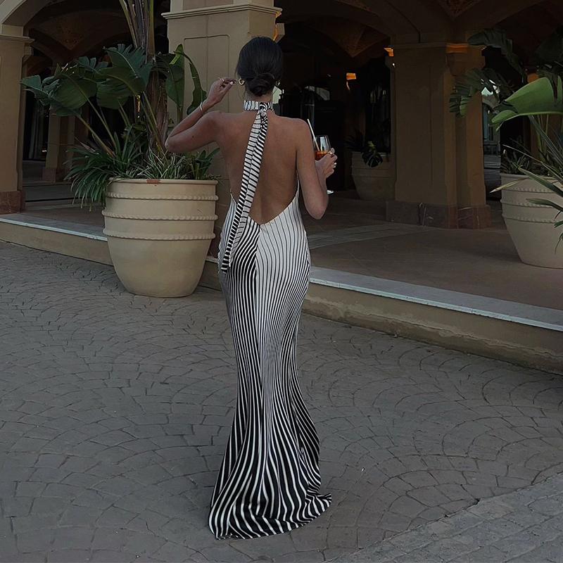 Elegantné dámske šaty Pruhované sexy slim fit šaty bez chrbta Úzke šnurovanie Župan bez rukávov Letné dámske elegantné spoločenské šaty