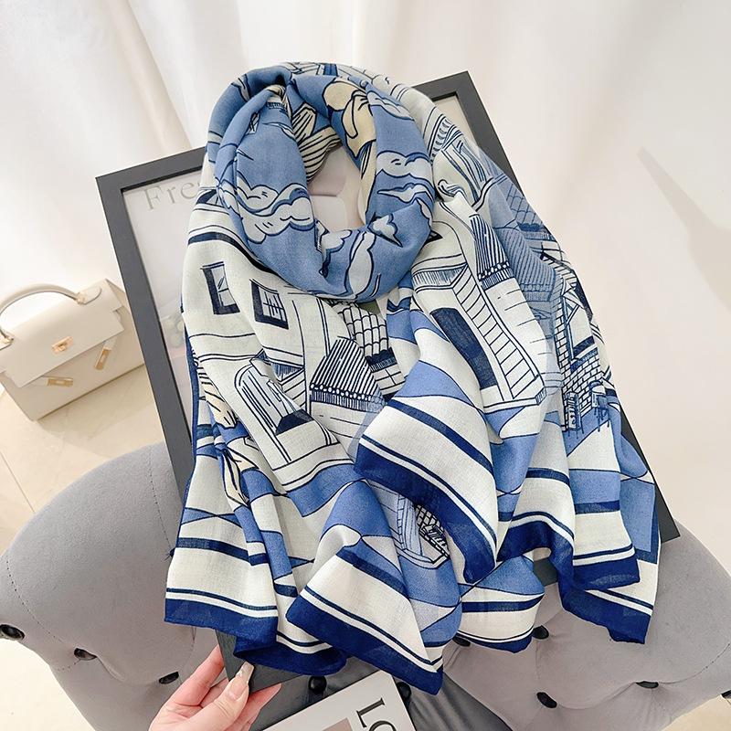 Autumn and Winter Fashion Cotton and Linen Long Flower Printed Scarf Women's High-end Elegant Warm Shawl Neck Scarf