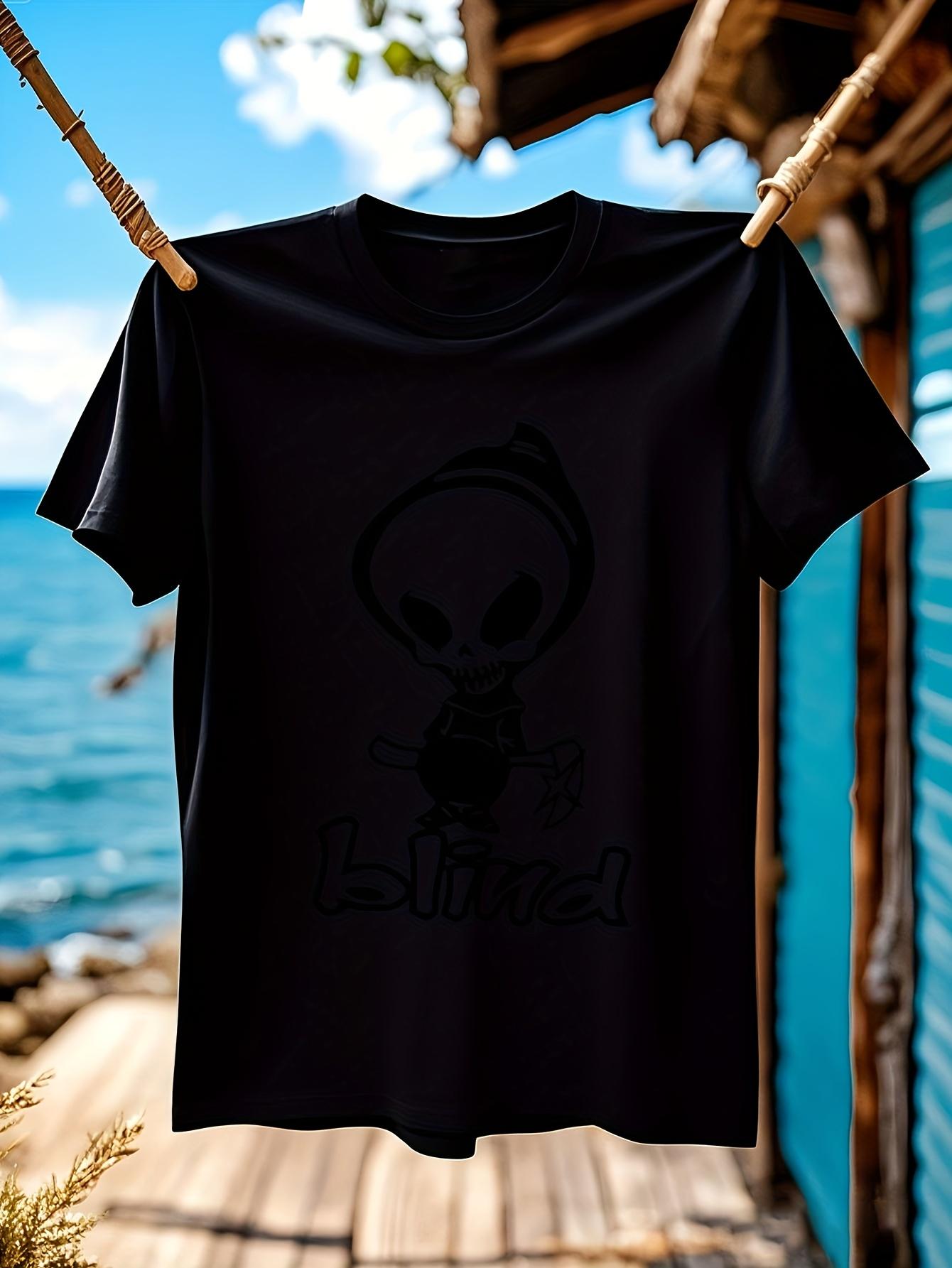 Retro Blind Skateboards  Plus Size T-shirt - Casual Crew Neck Tee with Skeleton Skateboarder Graphic   BLIND  Text XXXL