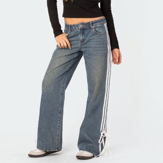 Women's Side Striped Bow Tie Jeans Boyfriend Low Rise Baggy Denim Pants Casual Straight