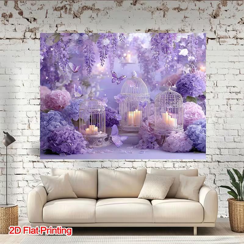 2D Purple Romantic Floral Backdrop, Wisteria & Birdcage Banner, Bridal Shower Party Decor