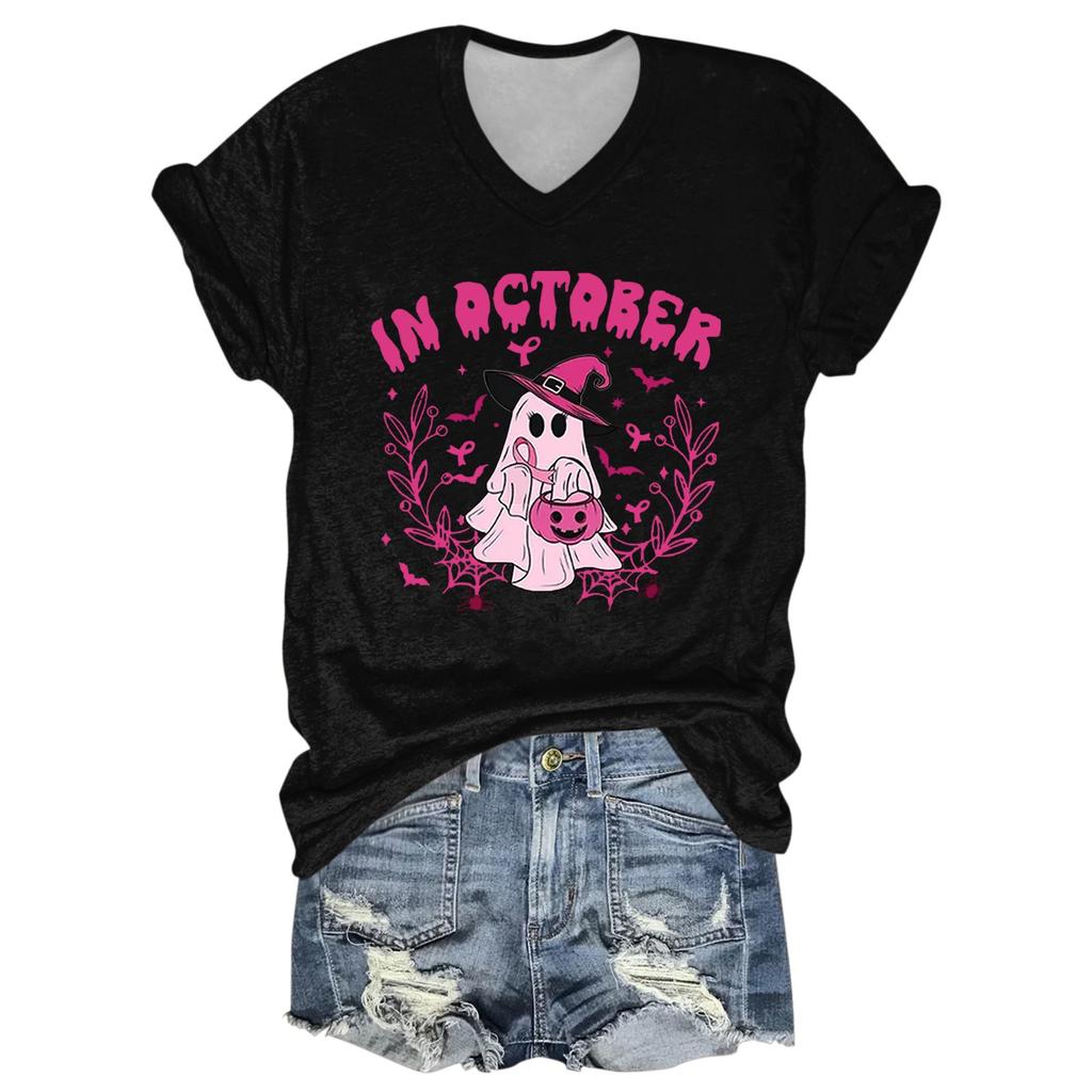 Damen Casual Halloween Bedrucktes V-Ausschnitt Kurzarm T-Shirt