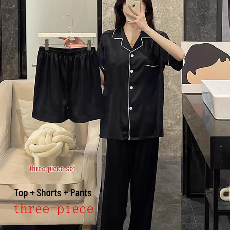Women's Short Sleeve Faux Silk Ice Silk Pajama Set with Lapel - European Size