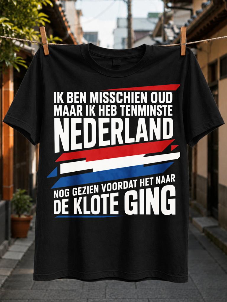 Nederland With Dutch Old Days Quote Bold Block Letters Angular Red Blue Flag Stripes Patriotic Unisex All Tshirt