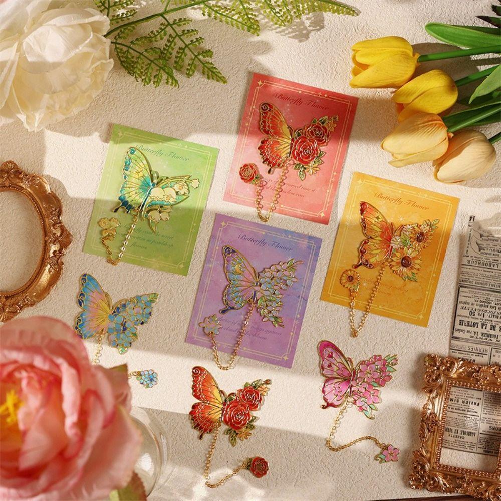 Tassel Chain Metal Butterfly Bookmark Hollow Flower Flower Painting Bookmark  For Book Lovers