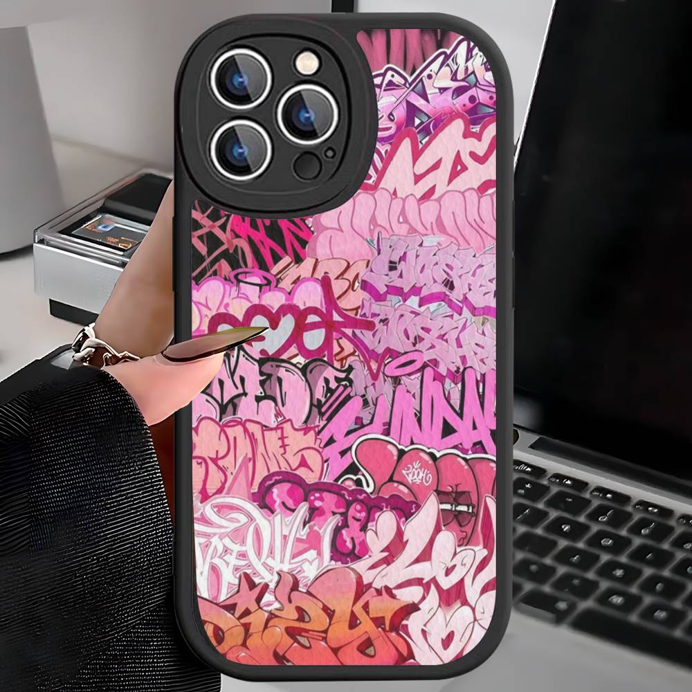 Coole Schwarze Graffiti Leder Handyhülle Für iPhone 16 15 14 17 Pro Max 11 12 Mini Plus Weiche Hülle