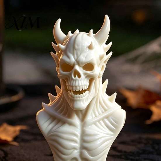 Spooky Theme Room Decoration 3D Printed Demon Skull Bust Statue, Gothic Horned Skeleton Personalized Gift for Him Figurine, Mini Desktop Ornament