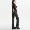 Women's High Waist Black PU Leather Pants - Autumn Korean Style, Slimming, Wrinkled Design, Casual Long Fit.