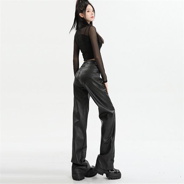 Women's High Waist Black PU Leather Pants - Autumn Korean Style, Slimming, Wrinkled Design, Casual Long Fit.