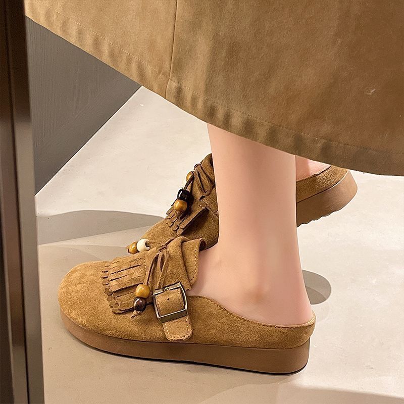 Super beliebte bequeme rutschfeste Halbschuhe mit dicker Sohle und Taschenkopf für Damen, Fransen, Schleife, Einzelne Schuhe, Frühjahr und Sommer 2025, neue Modelle