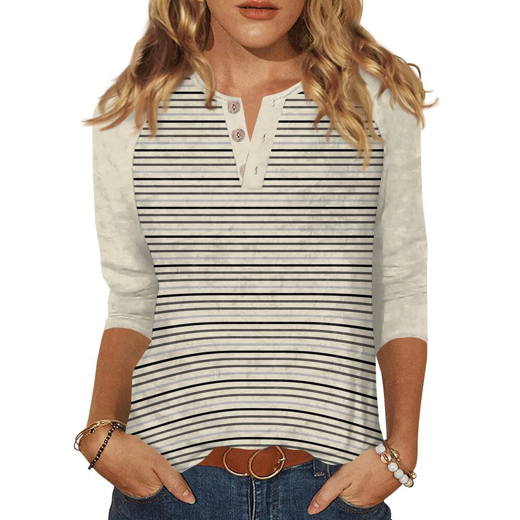 T-shirt imprimé boutonné à manches 3/4 pour femme - Haut basique à col en V - Mode quotidienne - Week-end