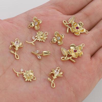 1 Stück Messing Chrysantheme Rose Lilie Tulpe Blumen Charm Anhänger mit Zirkon Stein für die Herstellung von Ohrringen und Halsketten