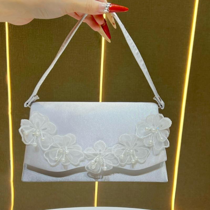 Floral Handbag, Fashionable Crossbody Bag, Pearl Clutch Bag, Simple Banquet and Dinner Bag