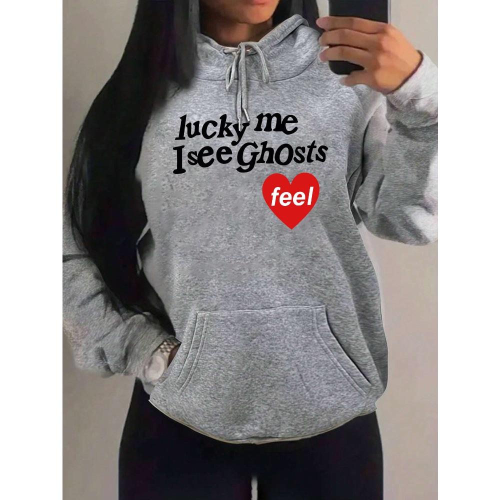 Glücklich ich sehe Geister Kunst Buchstabenmuster Damen Hoodie Herbst Mehrfarbig Hoodies Streetwear Fleece Tasche Kapuzenpullover
