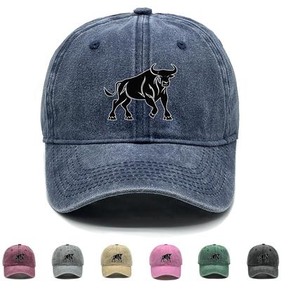 Schwarze Stier-Print Verstellbare Baseballkappe, Tier-Sportmütze Vintage-inspiriert Verstellbare Schnalle Sonnenschutz Schirm Snapback Baseballkappe