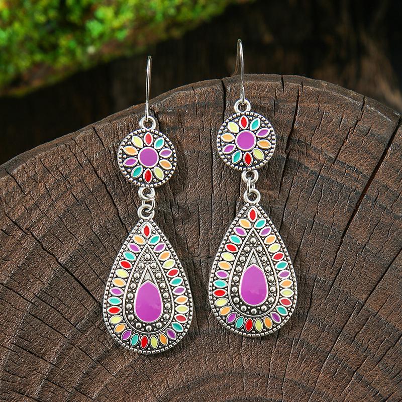 Orecchini Smaltati Colorati Etnici Retrò Bohemien da Donna Boho Fiore Vuoto Geometrico Rotondo Vintage Pendenti Gioielli Regalo