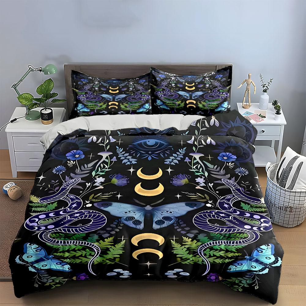 Mystic Snakes and Moon Motif Bedding Duvet Cover Set (1*Duvet Cover 2*Pillowcases, Without Duvet Insert)