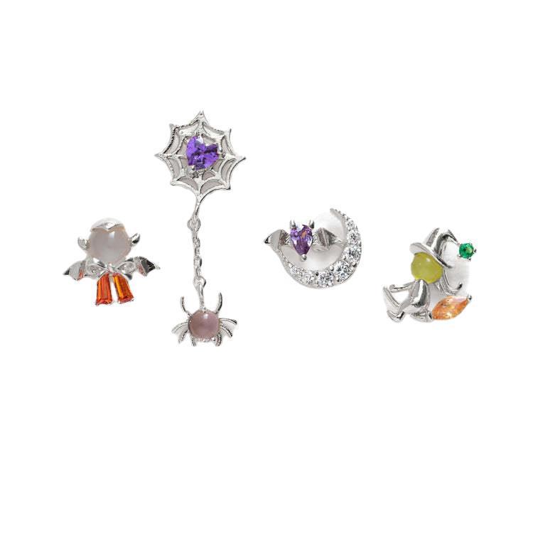 Halloween Stud Earrings: Demon, Spider, Magic Broom, Witch, Bat, Peach Heart, Love Zircon Ornaments, Colorfast