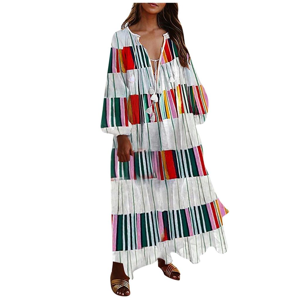 Women's Fashion Casual Bohemian Style V-Neck Long Sleeve Long Dresses Dresses
