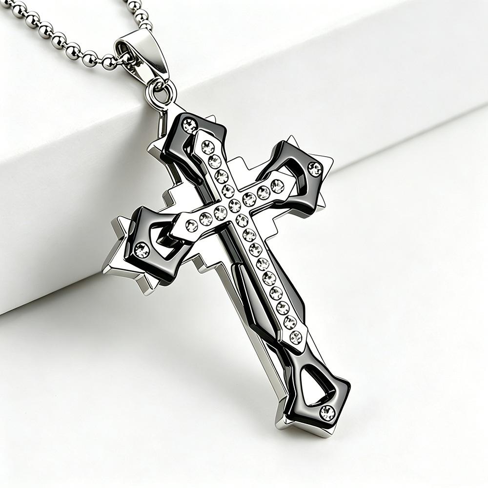 Men's Multi-layer Three-color Diamond Inlaid Cross Necklace
