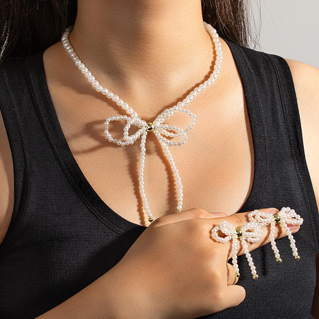 2-piece elegant imitation pearl bow pendant necklace earrings women's jewelry set