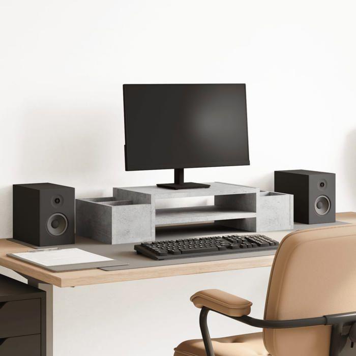 VidaXL Support de moniteur avec rangement gris béton bois d'ingénierie, support de moniteur pour bureau, étagère de 854682