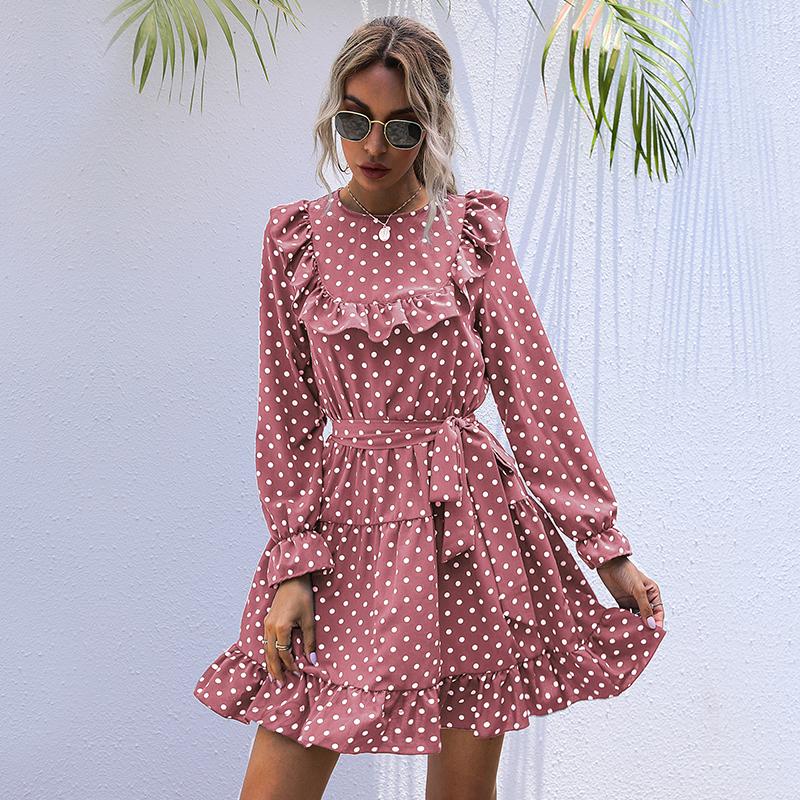 YYFS Women's Vintage Summer Spring Polka Dot Print Long Sleeve O-Neck High Waist Casual Dresses
