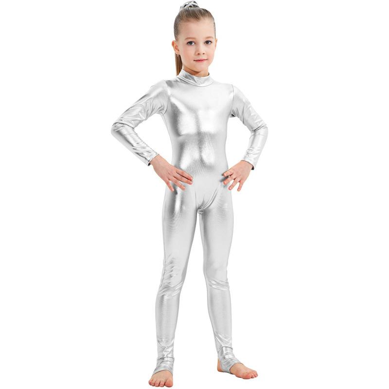 Copii Strălucitor Metalic O Bucată Mânecă Lungă Corp Întreg Gimnastică Balet Dans Leotard Salopetă Fete Elastic Unitard Îmbrăcăminte de Dans