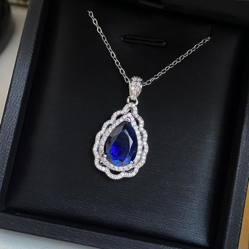 2026 Pear-shaped Water Drop Inlaid Gold Zirconium Diamond Necklace Pendant Female Gemstone Colored Gemstone Pendant 45CM