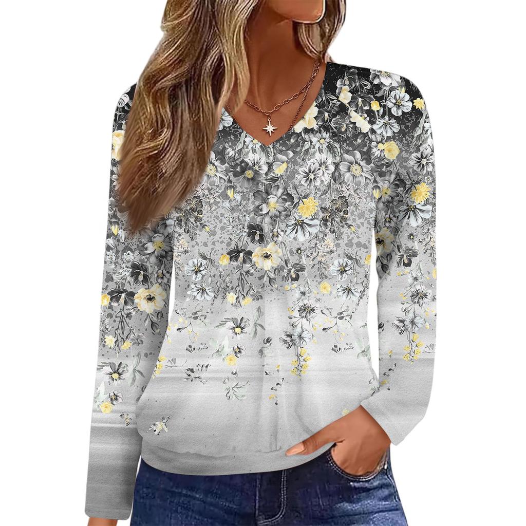 Women's Casual Fashion V-Neck Raglan Pleated Floral Print Long Sleeve Top