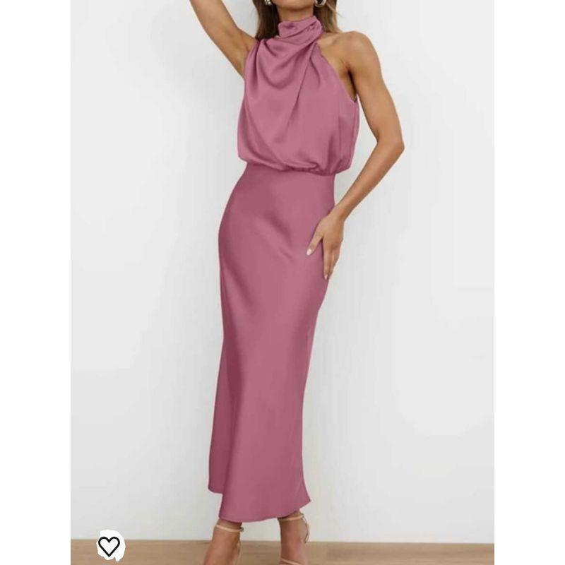 Export Single Fashion Niche Personality Sleeveless Adult Lady Like Woman Graceful Stand Collar Smooth Fabric High Quality Commuter Dress Women