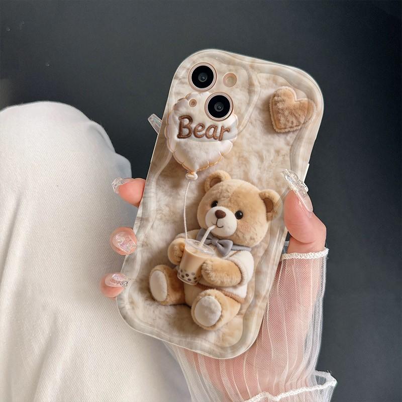Cute Pearl Milk Tea Plush Bear Pattern Phone Case For Samsung Galaxy S26 Ultra S25 S24 S23 FE S22 S21 S20 Plus A16 A55 A54 Cover