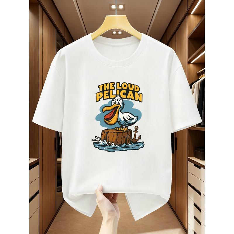 Men S T-Shirt Big-Beaked Pelican Print Round Neck Short Sleeve T-Shirt Trendy Pattern Casual Style Comfortable Casual Short-Sleeved T-Shirt in Summer 2XL белый