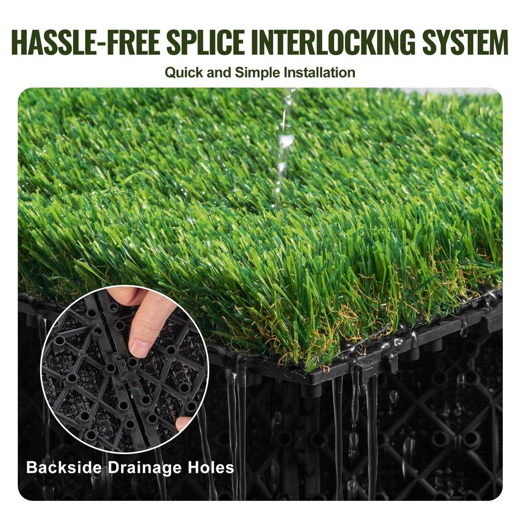 VEVOR Artifical Grass Tiles Interlocking Turf Deck Set, 18 Pack 305x305mm, Synthetic Fake Grass Self-draining Mat Flooring Decor Pad