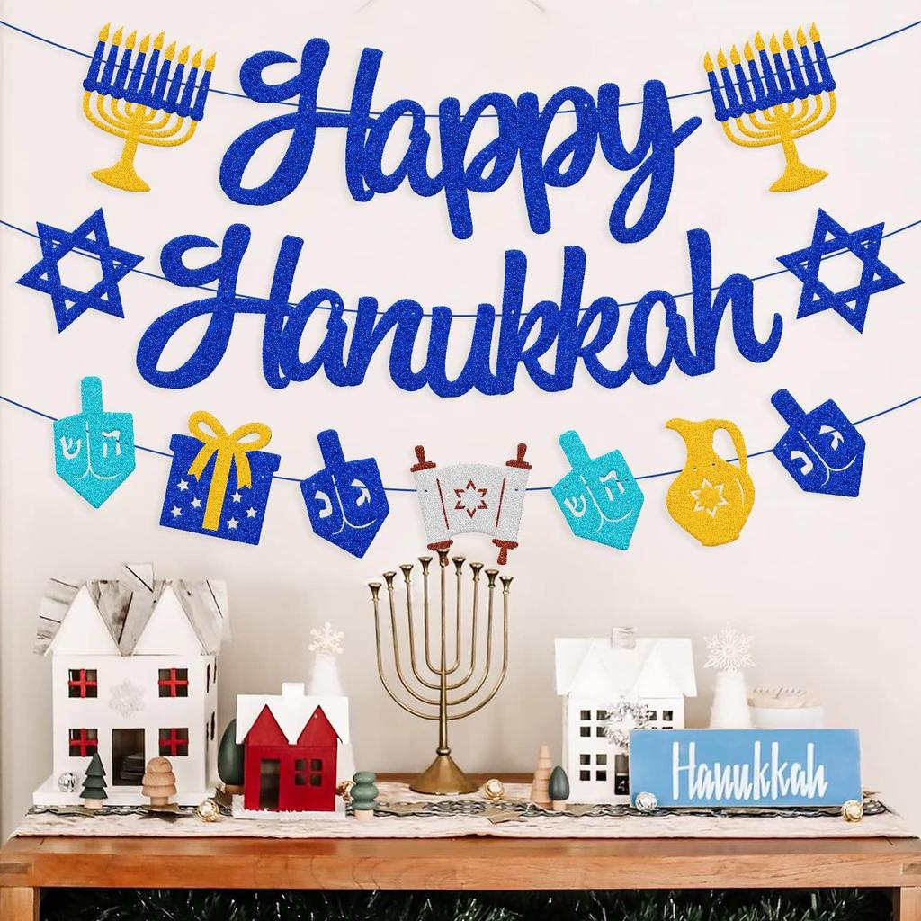 Happy Hanukkah Banner Chanukah Hanukkah Holiday Theme for Festival Wedding Baby Shower Birthday Party Supplies Glitter Blue Decorations