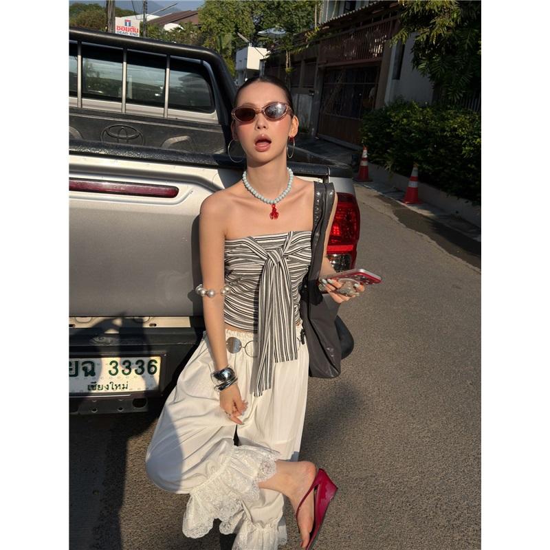 Romantic White Lace Trim Drawstring Wide-Leg Cropped Pants