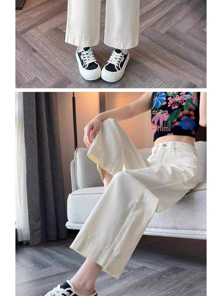 Khaki High-Waisted Cropped Wide-Leg Jeans for Women - Summer 2026 Thin Style, Petite Fit, Leg-Covering Straight Pants.