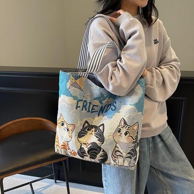 Large Capacity Linen Canvas Shoulder Bag Women's Bag New Trendy Versatile Cute Leisure Bag Handbag