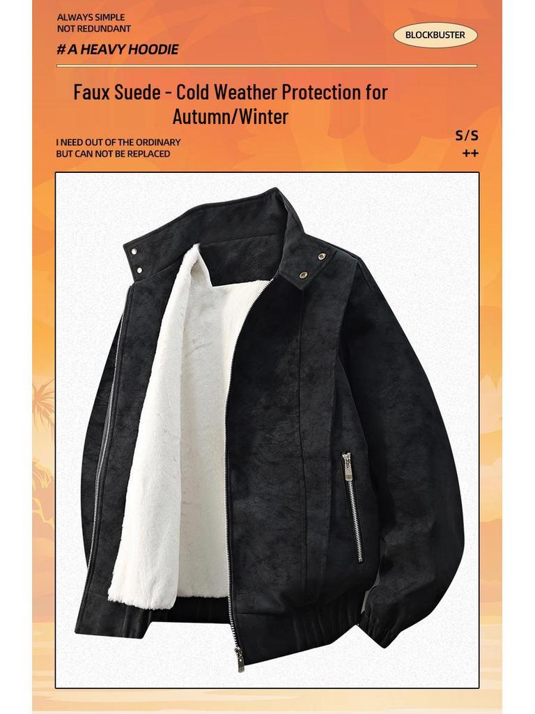 Men's Retro Stand Collar Velvet-Lined Leather Jacket - High-End Loose Fit for Autumn/Winter