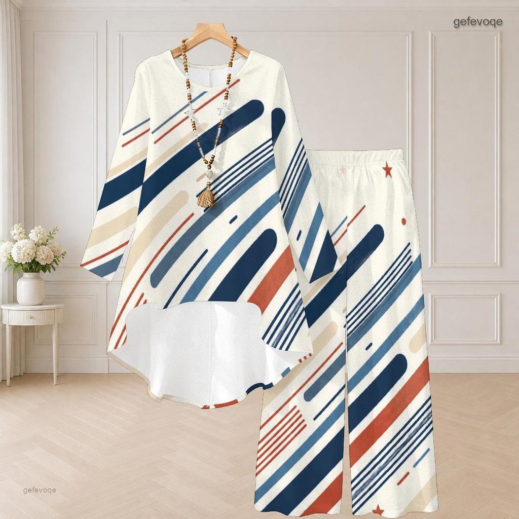 Women Plus Size Round Neck Long Sleeve Red Blue White Printed High Low Top Wide Leg Pants Two Piece Set