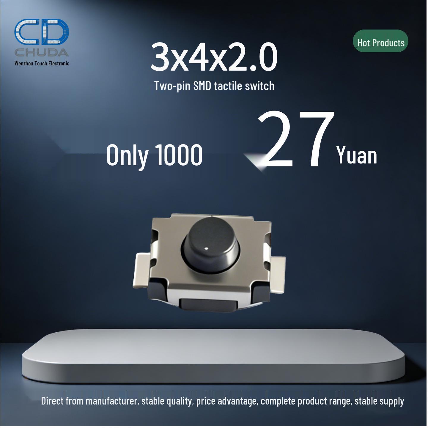 

Compact 3x4mm Tactile SMD Micro Switch, 2-Pin 1.8-4.0mm Height 1.8H Loose (1 pc)