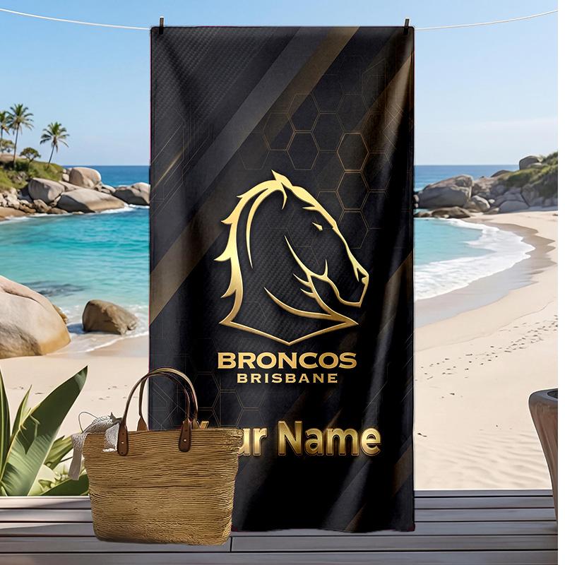 Brisbane Broncos Custom Beach Towel, Print Your Name Text Lightweight Absorbent Towel for Swimming Travel