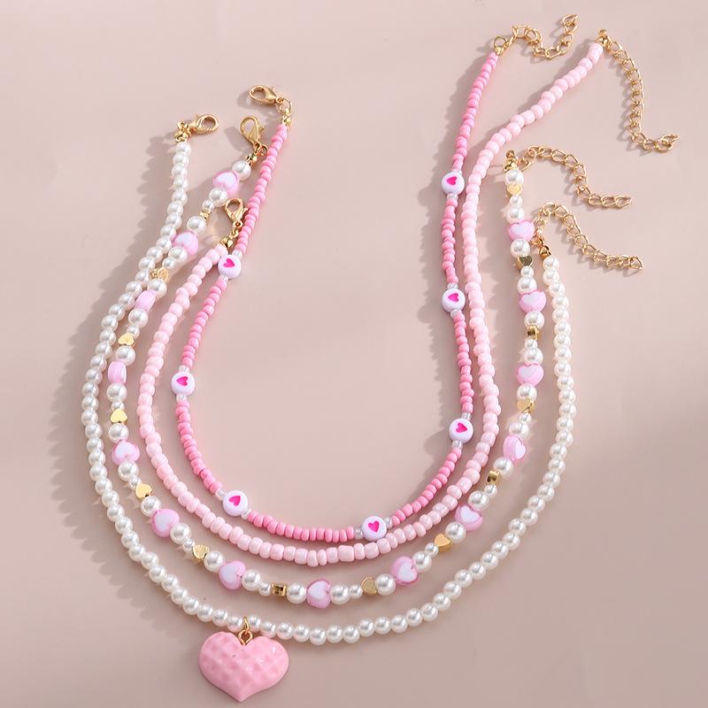 New Zircon Pink Love Butterfly Pendant Imitation Zircon Rice Beads Handmade Beaded Children Necklace Suit Good Friend Gift