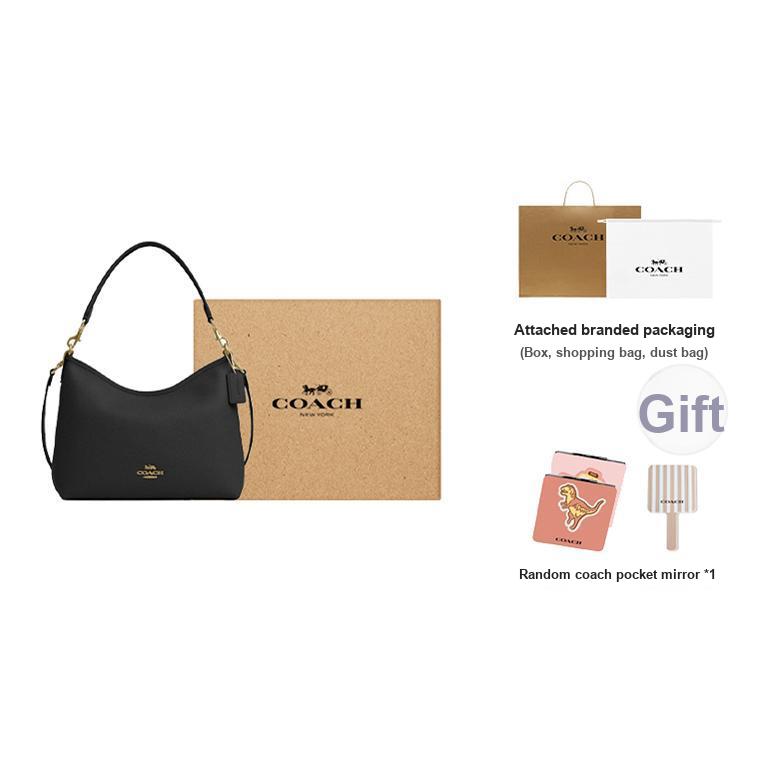 Coach Laurel 31 Logo Reißverschluss Kieselsteinleder Tragetasche Crossbody Umhängetasche Große Damen Taschen Gold Schwarz CR148-IMBLK