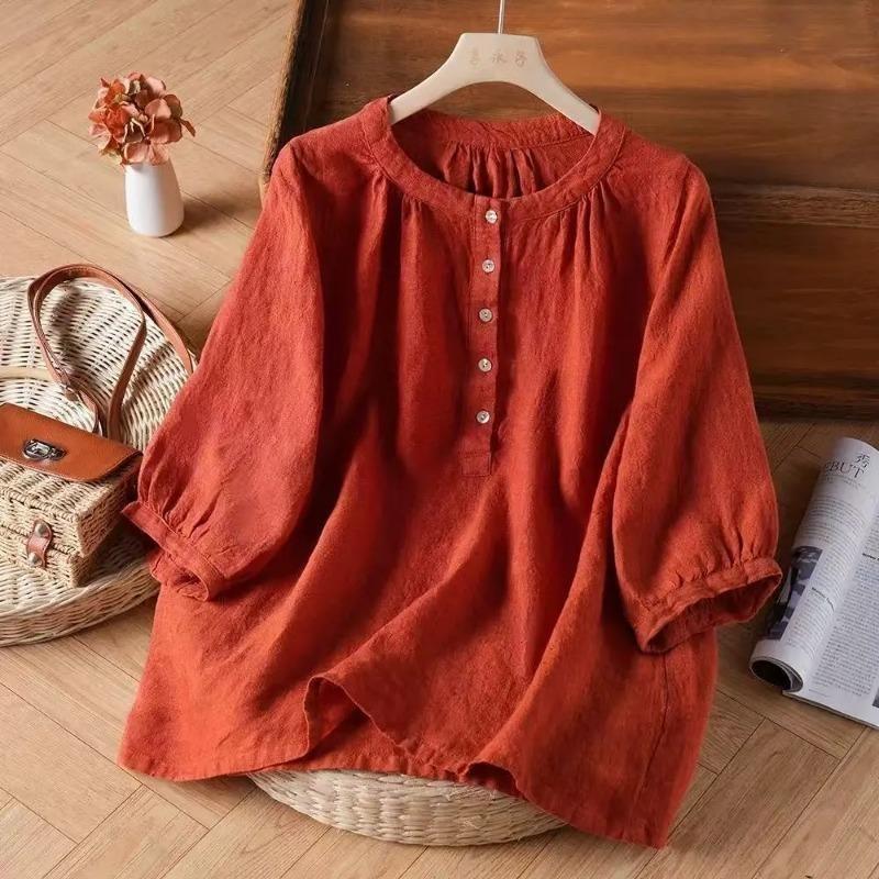 Top de vară nou, retro literar, culoare solidă, bumbac și in, larg, versatil, stil etnic, cămașă cu gât rotund