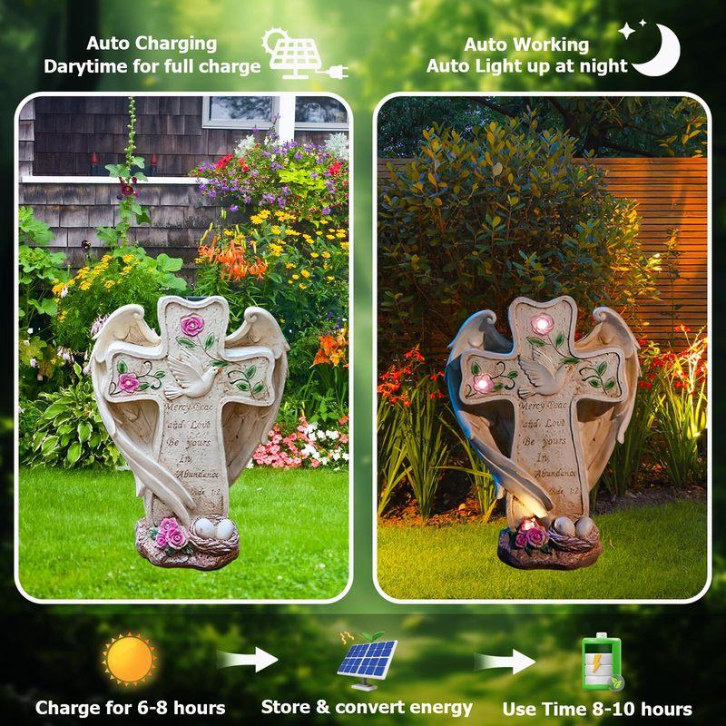 Solar Cross Statue Memorial Angel Wings Dove Butterfly Garden Light Religious Decoration Sympathy Gift For Cemetery Yard Grave