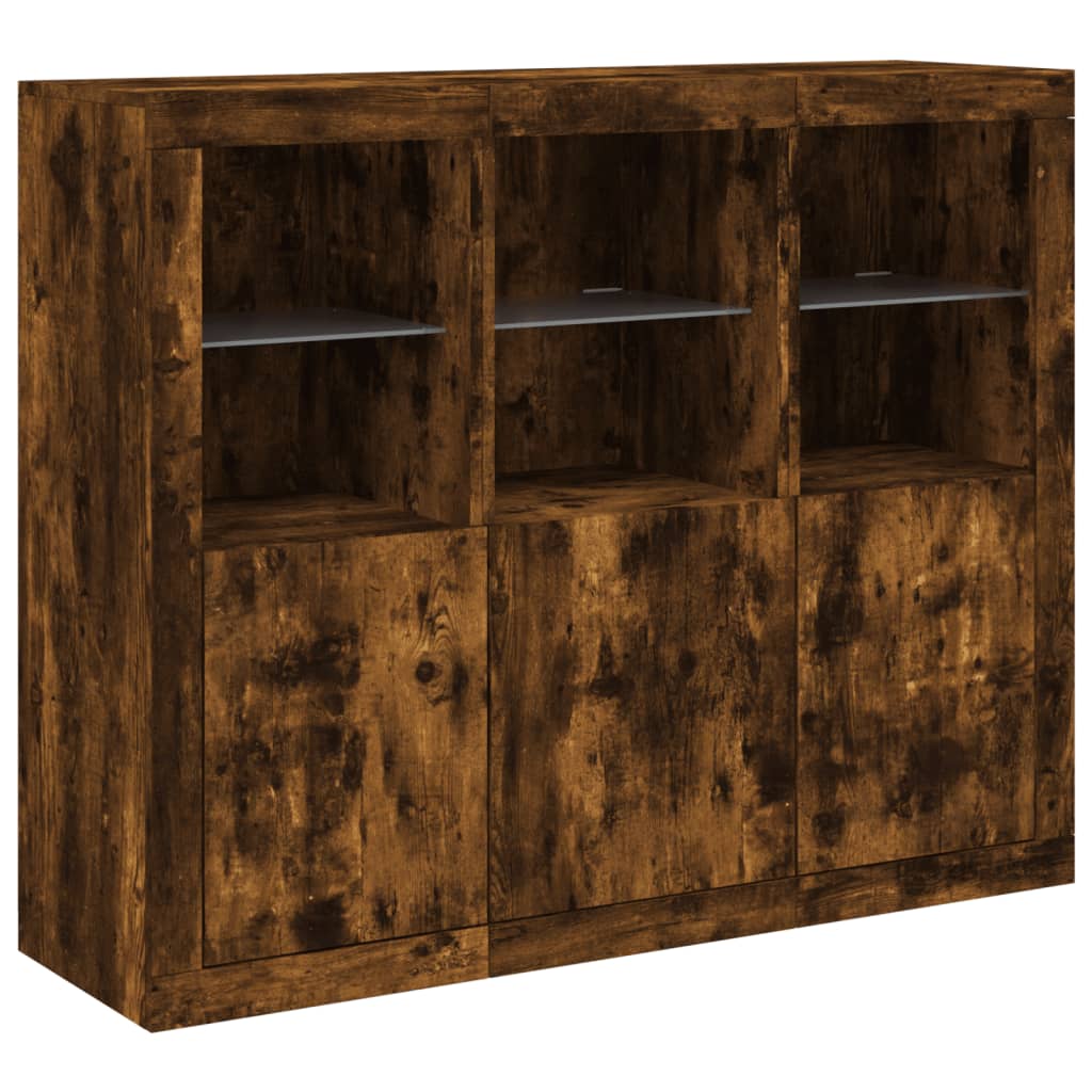 Sideboards with LED Lighting 3 pcs Smoked Oak Wood Based Material